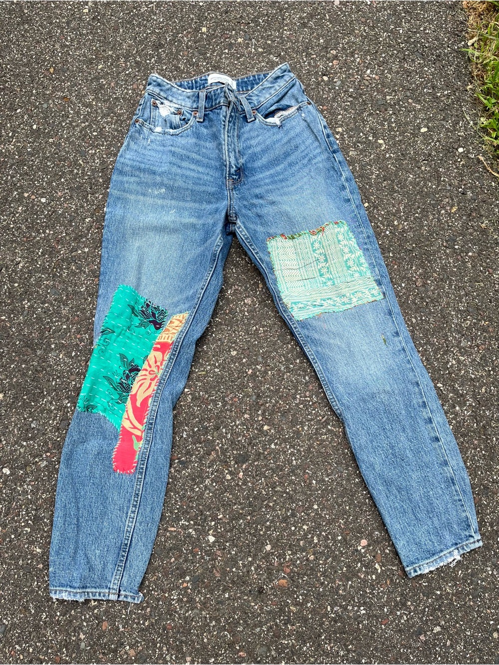 Abercrombie & Fitch Blue Straight-Leg Jeans with Green and Red Patchwork
